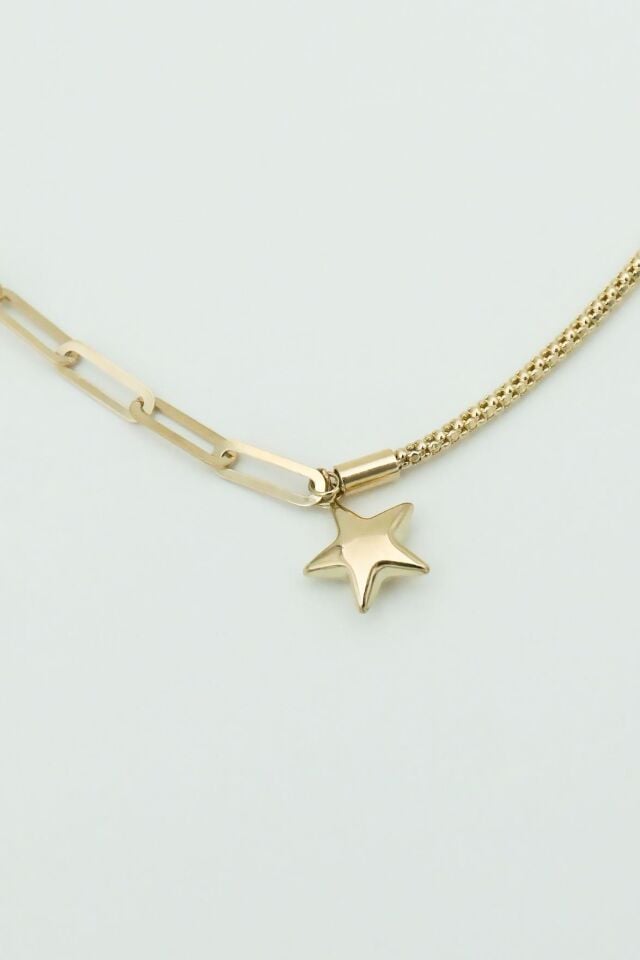 Ataç&İp Zincirli Bombeli Yıldız Charmlı 14 Ayar Altın Bileklik