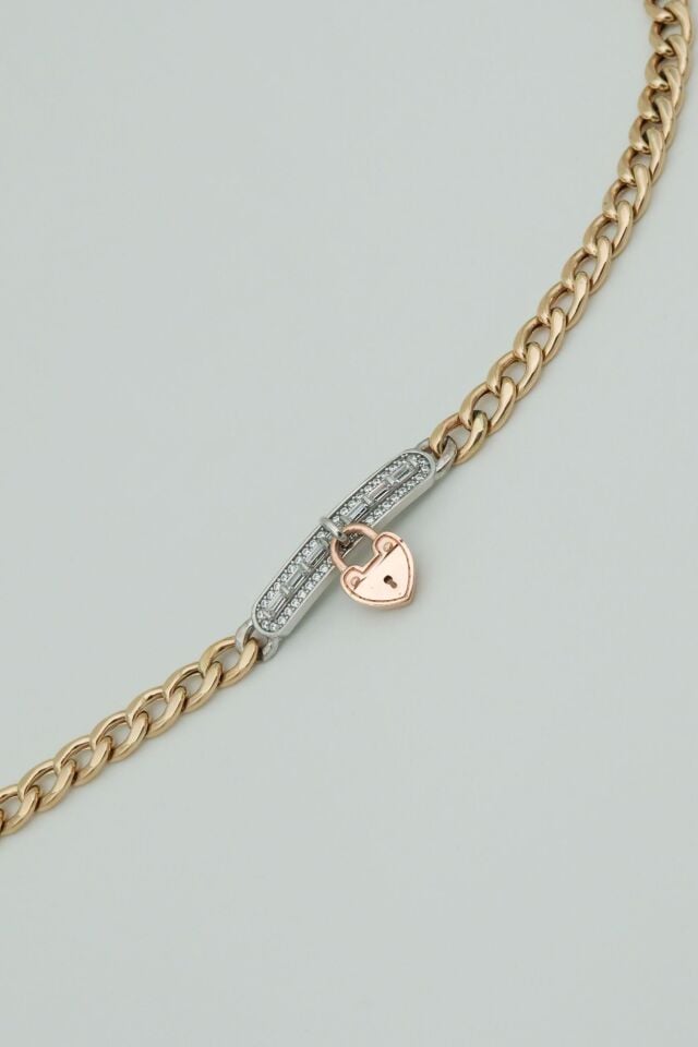 Taşlı Kalp Sallantılı 14 Ayar Altın Gurme Zincir