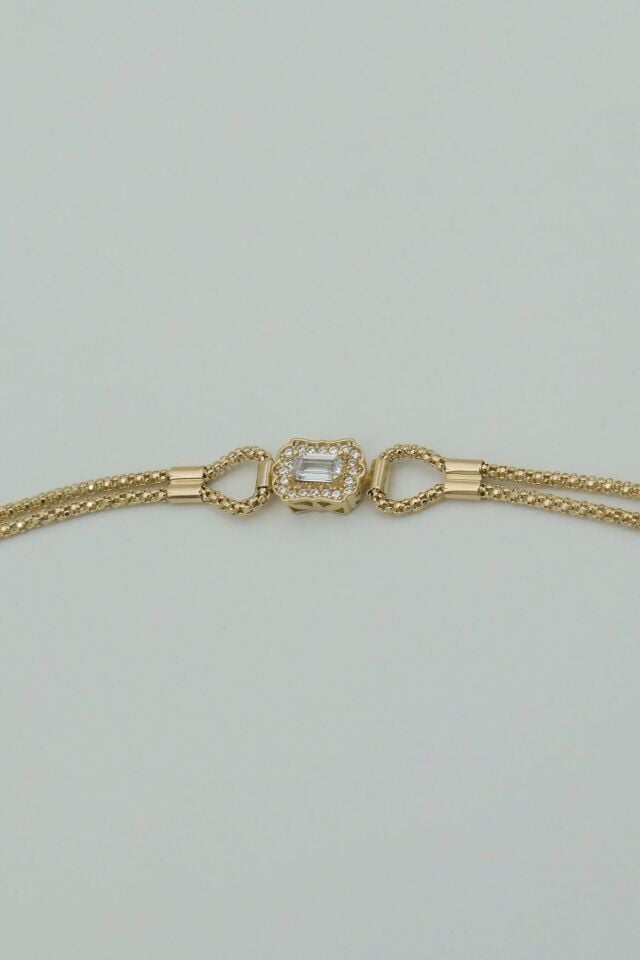 Ortası Baget Taşlı Düğüm 14 Ayar Altın İp Bileklik