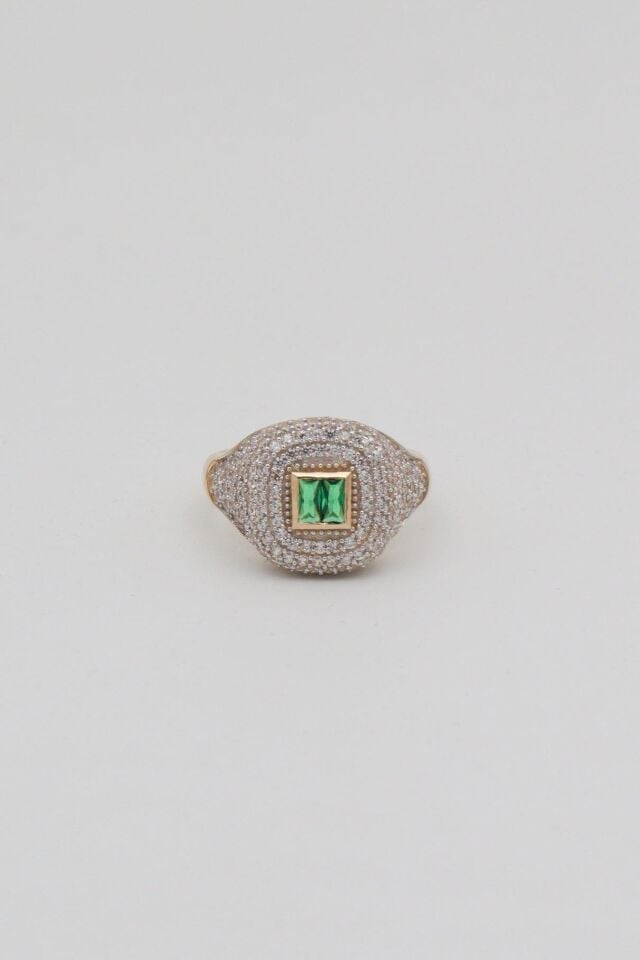 Yeşil Baget Taşlı&Sıvama Taş 14 Ayar Altın Şövalye Yüzük